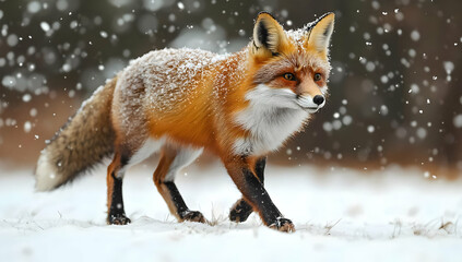 Fototapeta premium A majestic red fox walking gracefully through a snowy landscape, surrounded by falling snowflakes, showcasing nature's beauty.
