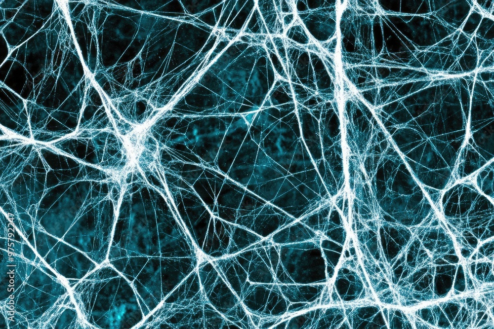 Poster intricate web of fine fibers illuminated by soft blue light, creating a mesmerizing abstract design 