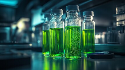 science laboratory featuring green liquid in glass bottles illustrating a chemistry test setup with an emphasis on research and experimentation