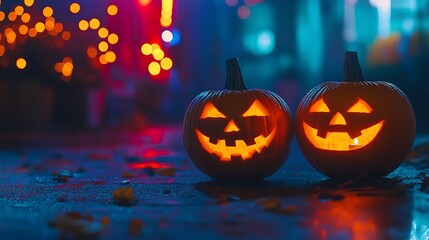 Obraz premium Festive Halloween Pumpkins Illuminated with Colorful Lights and Autumn Leaves
