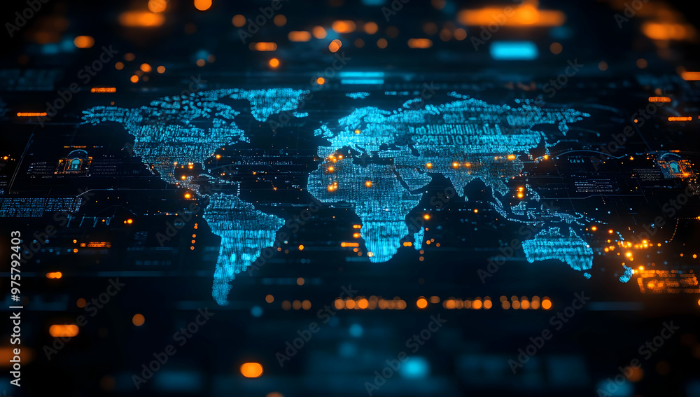 Poster digital world map with glowing data points and connections, representing global technology and infor