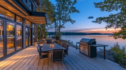 A lakefront house deck with a dining area, outdoor grill, and serene water views at dusk.