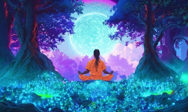 Beautiful animation yoga meditation scene.