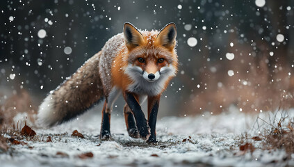 A majestic fox walking through a snowy landscape with gently falling snowflakes, showcasing the beauty of winter nature.