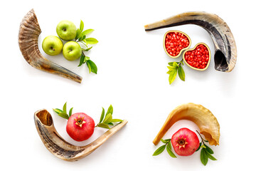 Set of traditional symbols of the Jewish holiday Rosh Hashanah. Shofar, pomegranates, apples. Top view