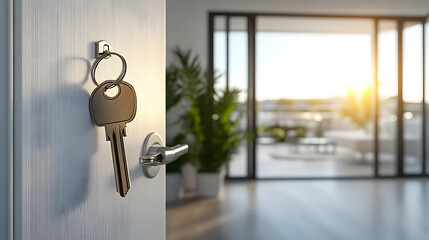 Open door with a key to a large bright luxury room with big windows in a new apartment. Mortgage, investment, rent, real estate, property concept. Made with 