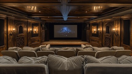 Home theater featuring plush seating, a massive screen, and customizable recessed lighting, creating a luxurious and immersive movie experience.