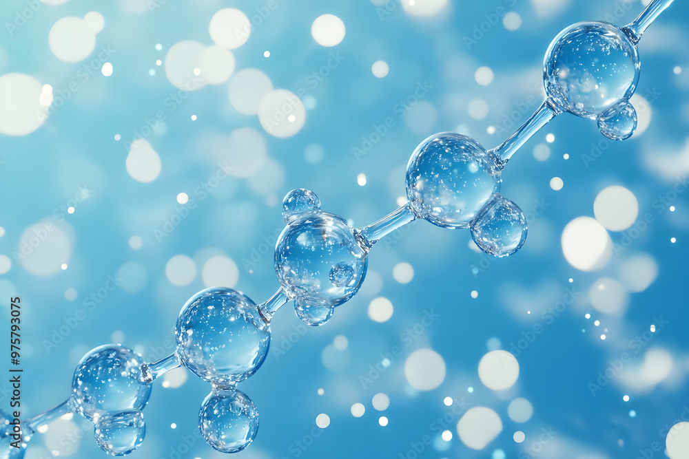 Poster close-up of water bubbles on a delicate string, sparkling against a soft blue background, creating a