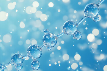 Close-up of water bubbles on a delicate string, sparkling against a soft blue background, creating a serene and refreshing atmosphere.