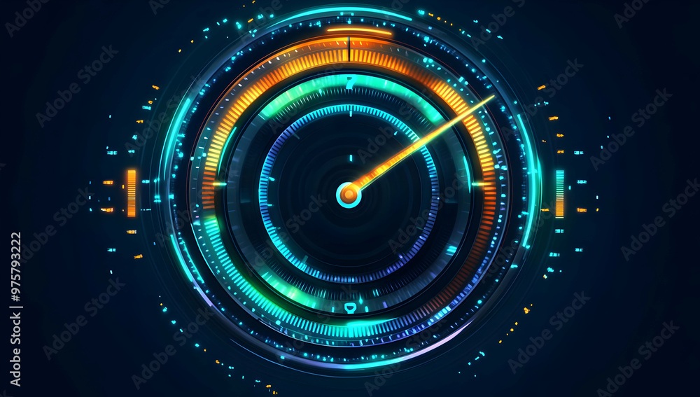 Poster futuristic speedometer interface with vibrant colors and digital elements for technology and data vi