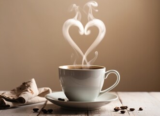 A steaming cup of coffee with heart-shaped steam rising near a sunny window in the morning light