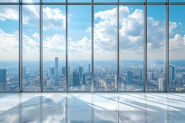 Stunning city skyline view from modern office with large glass windows under a bright blue sky with fluffy clouds.