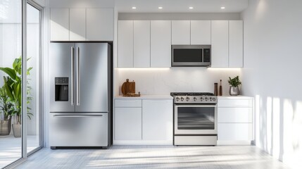 A minimalist kitchen with white cabinets, stainless steel appliances, and no clutter on the countertops.