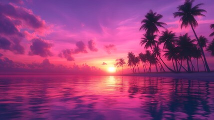 A stunning sunset over the tropical beach, with palm trees silhouetted against the vibrant colors of pink and purple in the sky