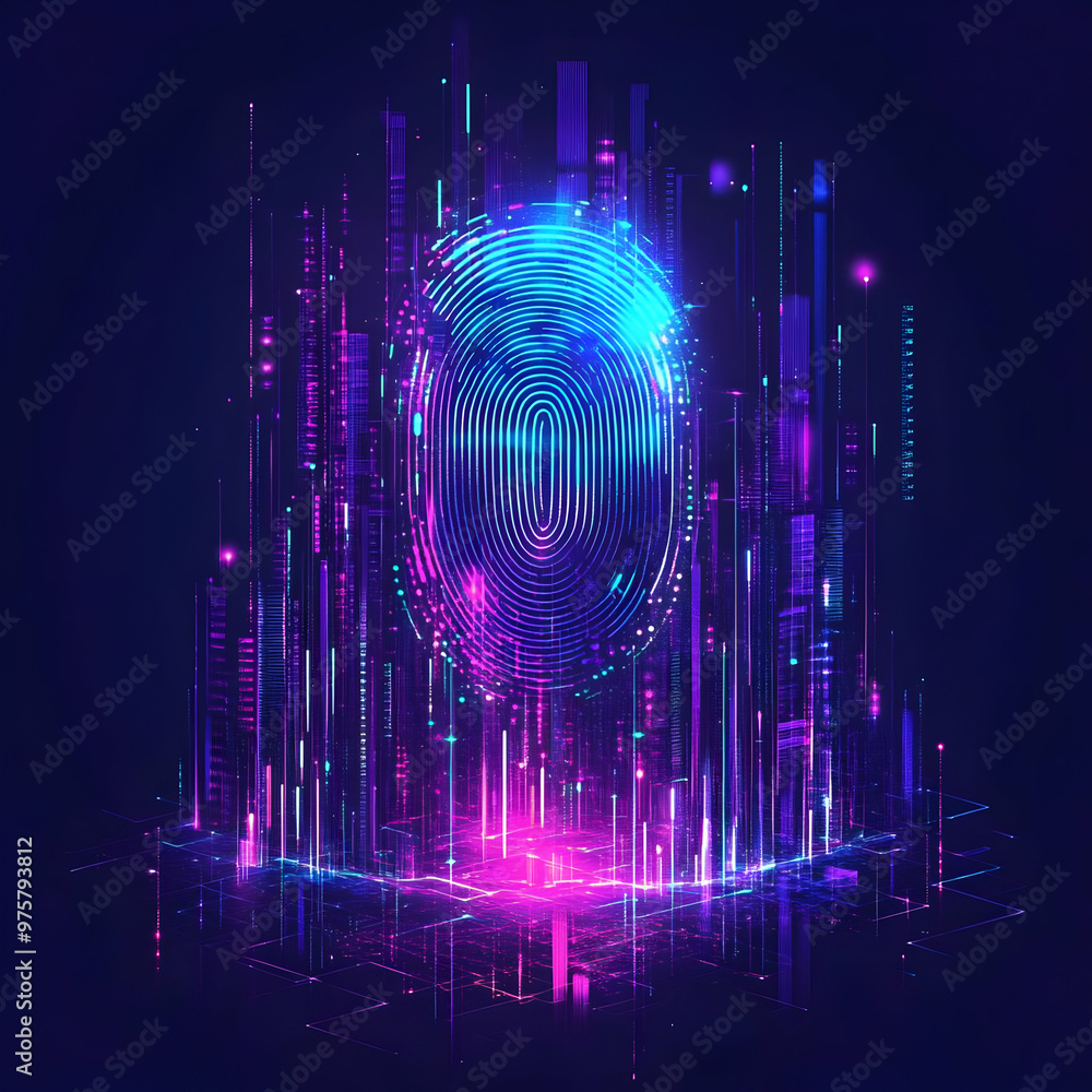 Poster a vibrant digital fingerprint surrounded by colorful data streams, representing technology and secur
