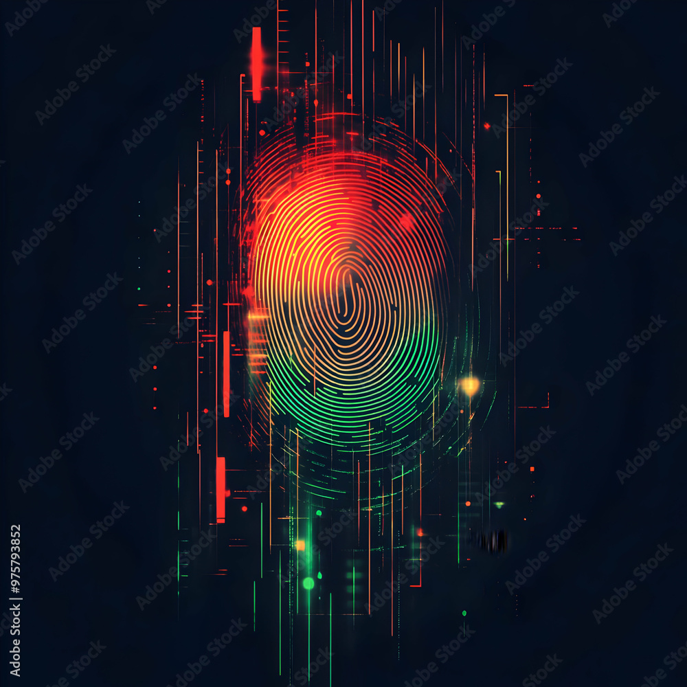 Poster abstract fingerprint design with vibrant colors and digital elements reflecting technology and secur