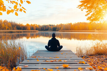 Serene forest clearing, soft sunlight rays, person meditating, deep breaths, calm river flow, vibrant autumn leaves, gentle wind chimes,