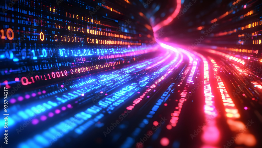 Poster vibrant stream of digital data flows through a cosmic tunnel of light, symbolizing technology, speed