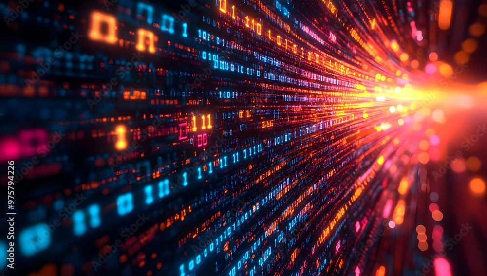 Poster a vibrant abstract representation of digital data in motion, showcasing colorful binary code and lig