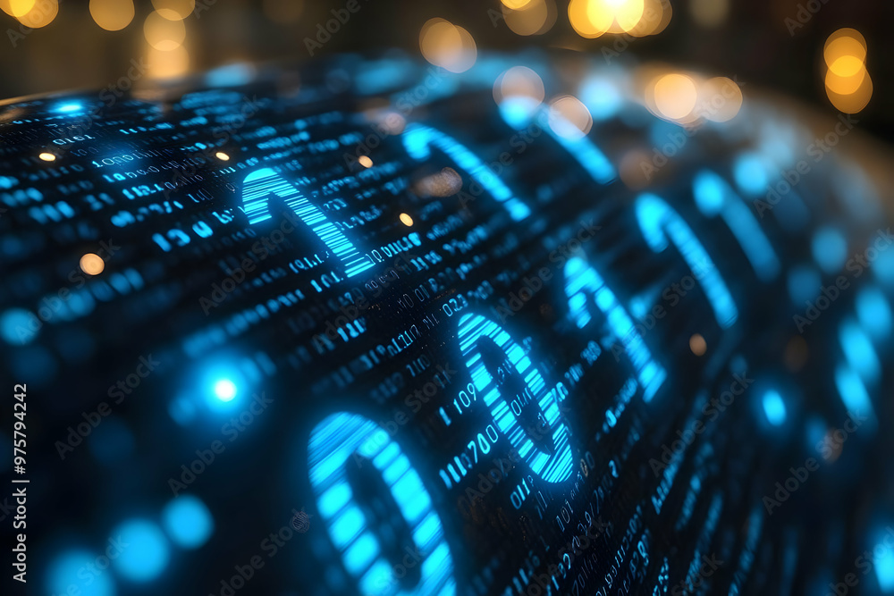 Poster a captivating digital close-up featuring glowing binary code against a blurred background, symbolizi