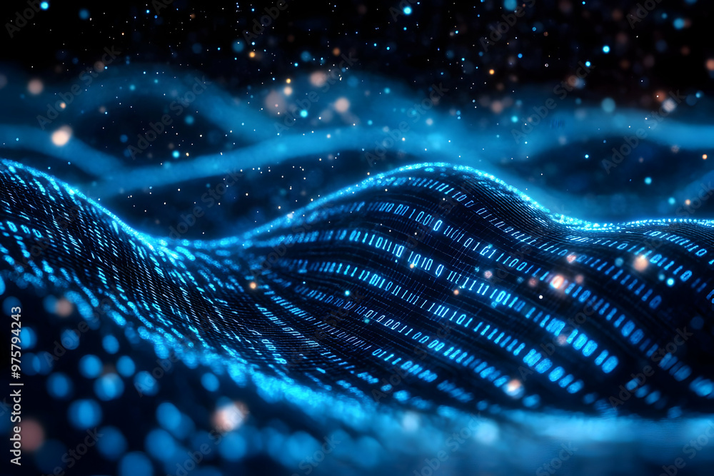 Poster abstract digital waves in vibrant blue with shimmering particles creating a futuristic and dynamic v