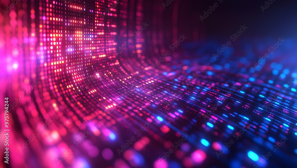 Poster a vibrant, abstract representation of glowing data waves, showcasing colorful patterns of light and 
