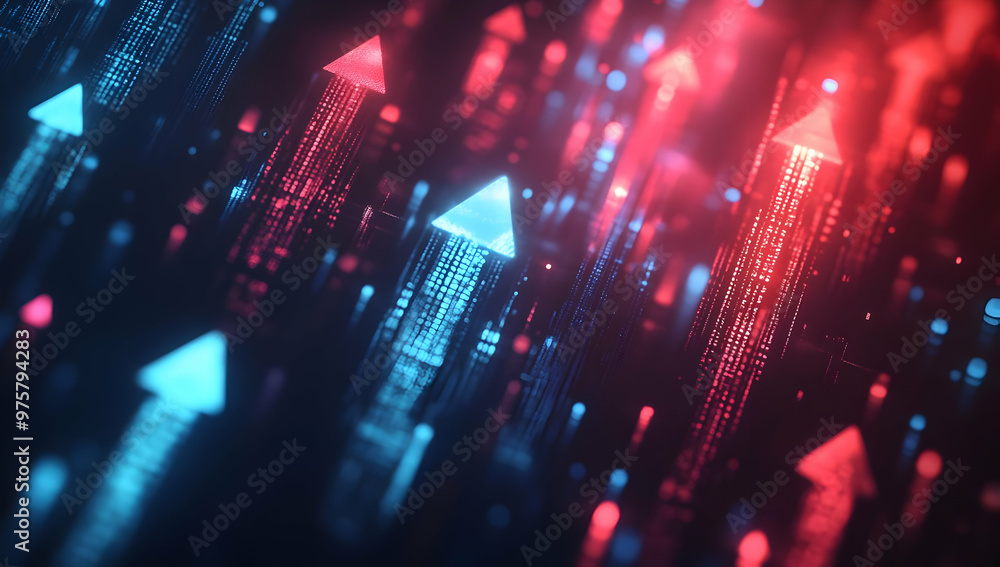 Poster dynamic digital visual of arrows representing growth and progress in vibrant colors, showcasing inno