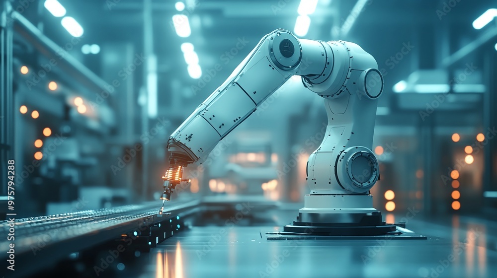 Poster closeup of industrial robot arm in a contemporary factory highlighting its role in automation and ma
