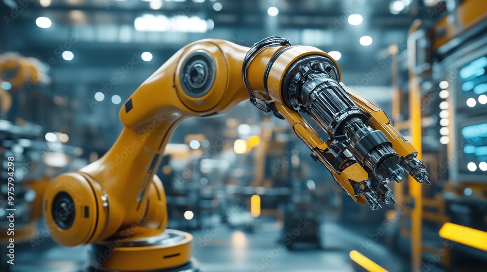 Poster industrial robot arm operating in a modern factory with emphasis on automation, efficiency, and adva