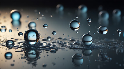  Black art glass ball splashes drops and micro macro splashes on black damp background.   AI generated image, ai