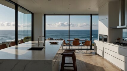Fototapeta premium Minimalist Modern Kitchen in a Coastal Cliff House