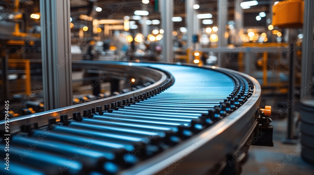 Poster modern factory automation with conveyor belt illustrating the production line, technology integratio