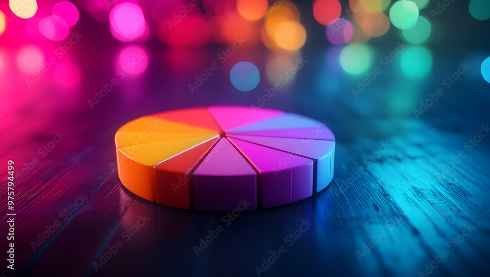 Poster a vibrant pie chart made of colorful segments, demonstrating creativity and data visualization again