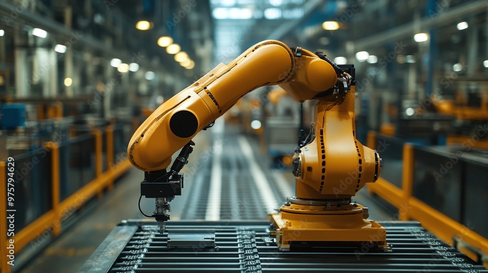 Poster detailed image of an industrial robot arm in a contemporary factory highlighting modern technology a