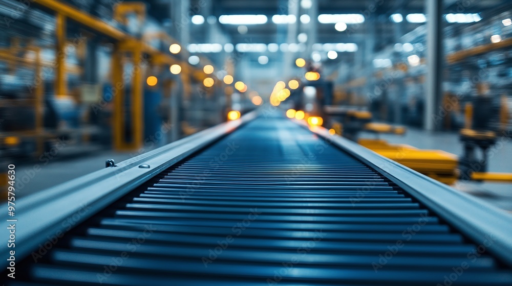 Poster industrial automation with conveyor belt system in a modern factory emphasizing production efficienc