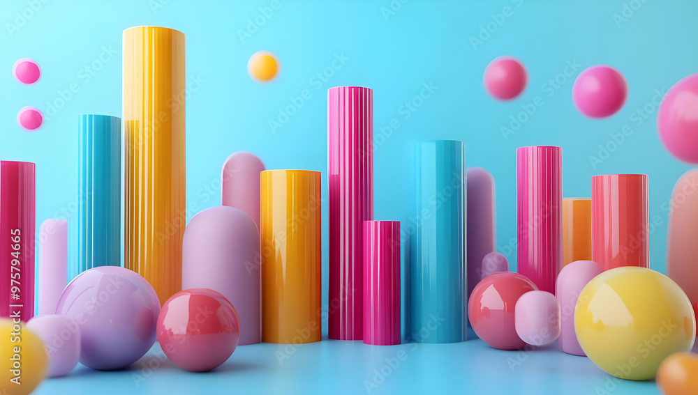 Poster vibrant composition of colorful geometric shapes in various forms, creating a playful and modern bac