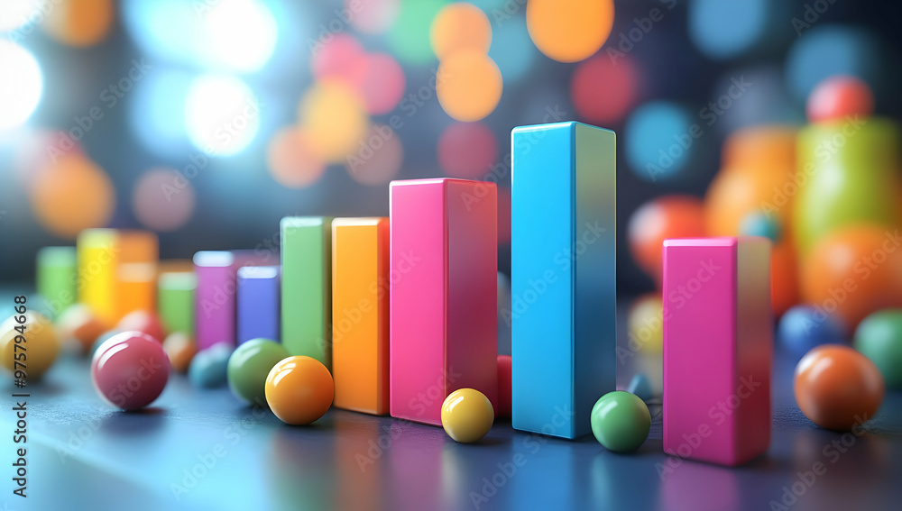 Poster vibrant, colorful graph bars with playful spheres, creating a dynamic scene of data visualization an