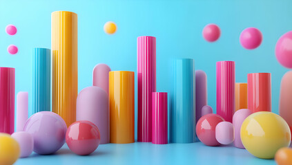 Vibrant composition of colorful geometric shapes in various forms, creating a playful and modern backdrop for creative projects.