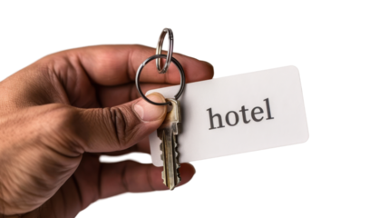 Hand holding a hotel key card on transparent background
