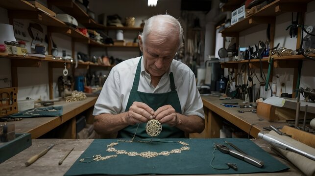 A senior jeweler working in his workshop. - Powered by Adobe