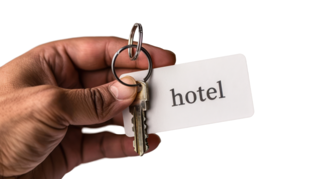 Hand holding a hotel key card on transparent background