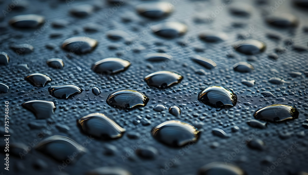 Poster close-up of water droplets on a dark surface, showcasing intricate details and smooth textures, perf