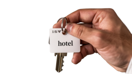 Hand holding a hotel key card on transparent background