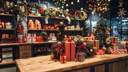 Obraz premium beautifully arranged display of Christmas gifts, wrapped in festive paper with bows and decorations.