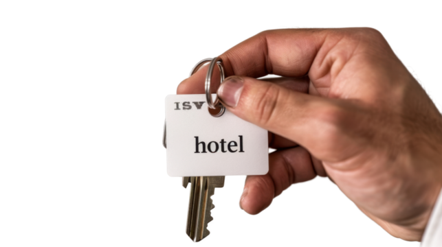 Hand holding a hotel key card on transparent background