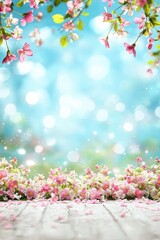 Fototapeta premium Blossoming spring flowers and branches with bright blue sky background