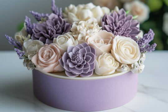 delicate candle bouquet arranged in a round lavender box, featuring intricately sculpted floral candles in soft purple and ivory tones, set on a white marble surface with natural lighting
