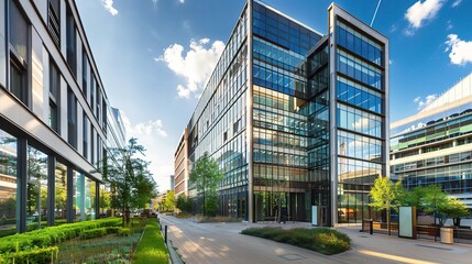 An abstract panoramic view presenting the grandeur of modern office buildings. The buildings stand tall with sleek and modern designs