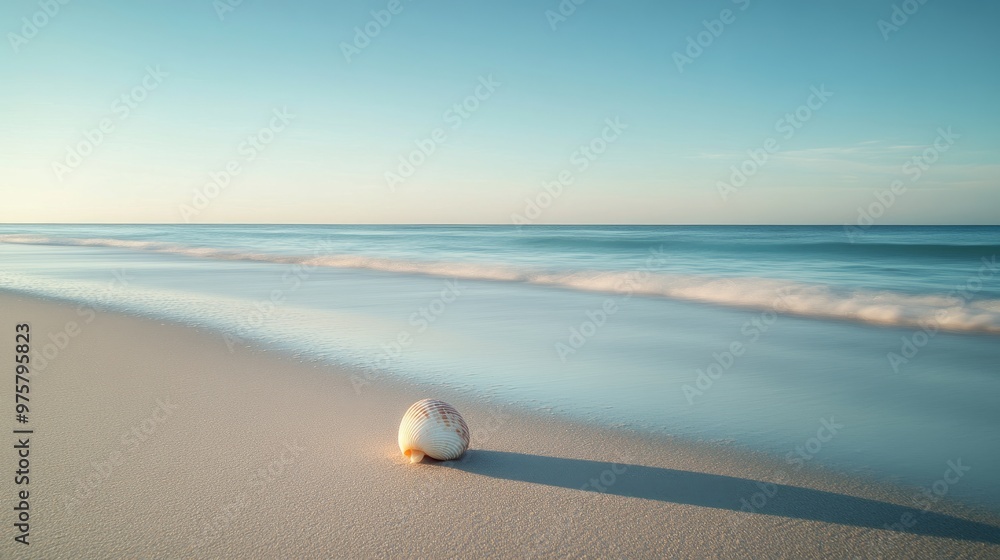 Poster a serene and empty beach scene with smooth sand and a single seashell, emphasizing minimalism in nat