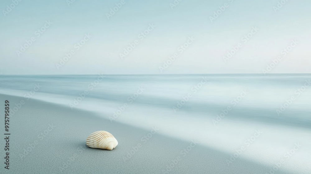Poster a serene and empty beach scene with smooth sand and a single seashell, emphasizing minimalism in nat